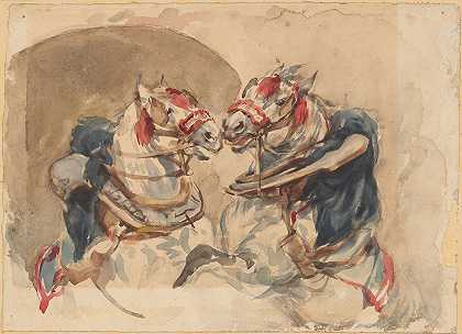 两匹骑在马具上的马`Dwa wspięte konie w uprzęży (1838) by Piotr Michałowski