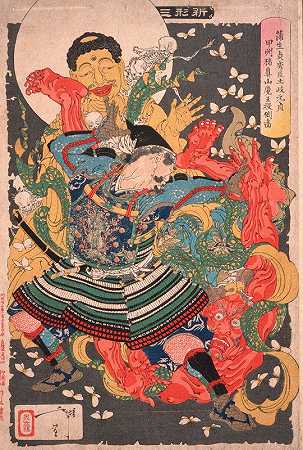贾姆萨达希德s的仆人Toki Motosada在Inohana山将一位恶魔王推倒在地`Gamō Sadahides Servant, Toki Motosada, Hurling a Demon King to the Ground at Mount Inohana (1890) by Tsukioka Yoshitoshi