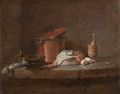 厨房用具，配有韭菜、鱼和鸡蛋，由Jean Baptiste Siméon Chardin设计`Kitchen Utensils with Leeks, Fish, and Eggs (c. 1734) by Jean-Baptiste-Siméon Chardin