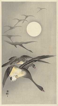 满月时的鹅`Geese at full moon (1930 ~ 1945) by Ohara Koson