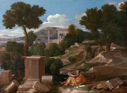 帕特莫斯圣约翰风景`Landscape with Saint John on Patmos (1640) by Nicolas Poussin