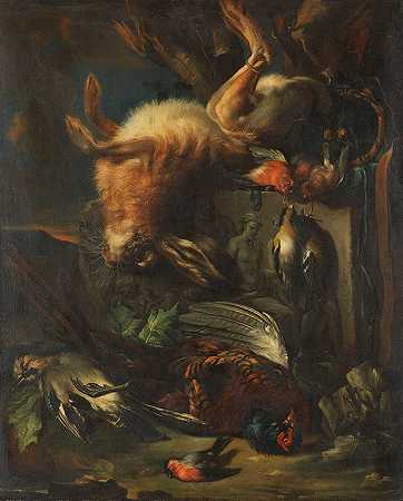 归因于狩猎野兔和鸟类的静物`Zugeschrieben – Jagdstillleben mit Hase und Vögeln (1700) by Franz Werner von Tamm