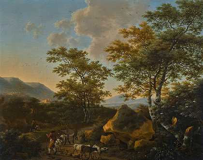 意大利人喜欢牧羊人的风景`Italianate landscape with shepherds by Willem de Heusch