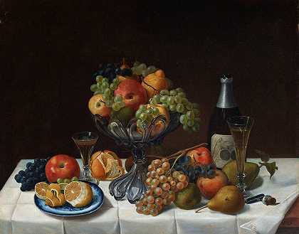 Severin Roesen香槟瓶水果静物画`Fruit Still Life with Champagne Bottle (1848) by Severin Roesen