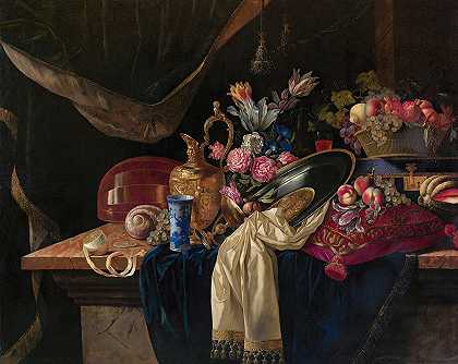 静物画，有壶，一束郁金香和曼陀林`Still life with ewer, a bunch of tulips and a mandolin by François Habert