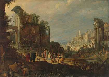 与丽贝卡和以利以谢一起在罗马废墟中旅行`Travellers among Roman Ruins with Rebecca and Eliezer at the Well (c. 1602 ~ c. 1605) by Willem van Nieulandt the younger