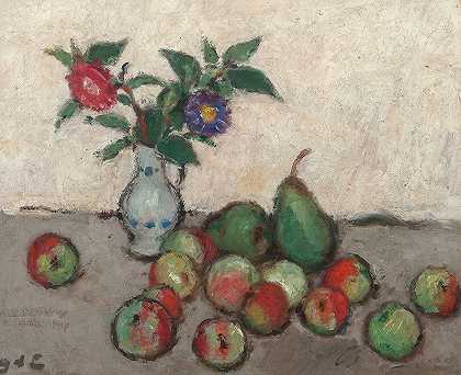 乔治·d&的《桌子上摆着苹果和梨的蓝白花瓶里的花的静物画》埃斯帕尼亚`Still life with flowers in a blue and white vase with apples and pears on a table by Georges d&;Espagnat