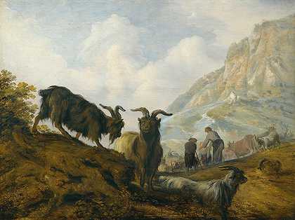 山坡上的山羊和远处的牧民`Goats On A Hillside With Herders Beyond by Jacobus Sibrandi Mancadan
