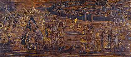 Mucius Scaevola谋杀了Porsenna把他的右手放进火里`Mucius Scaevola Murders Porsennas Secretary and Puts His Right Hand in the Fire (ca. 1480) by Florentine Master