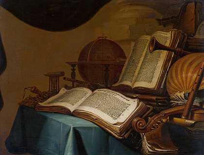 书籍、地球仪和乐器的静物画`Still Life with Books, a Globe and Musical Instruments (c. 1660) by Jan Vermeulen