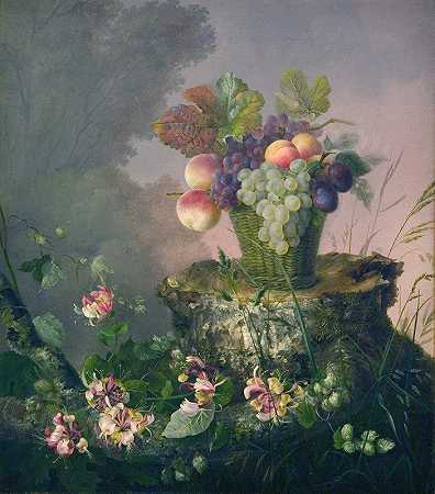 Hermania Neergaard的树桩旁的带水果的花篮`Blomsterkurv Med Frugt Ved En Træstub (1814 – 1875) by Hermania Neergaard