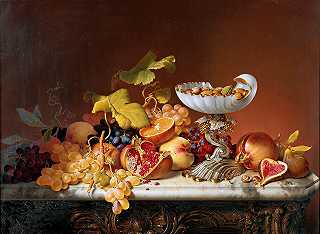 翰·威廉·普雷耶（Johann Wilhelm Preyer）的贝壳状牛奶玻璃壳热带水果`Tropical fruits with milk glass shell in shell shape (184… 