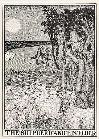 牧羊人和他的羊群`The Shepherd and his Flock (1900) by Percy J. Billinghurst