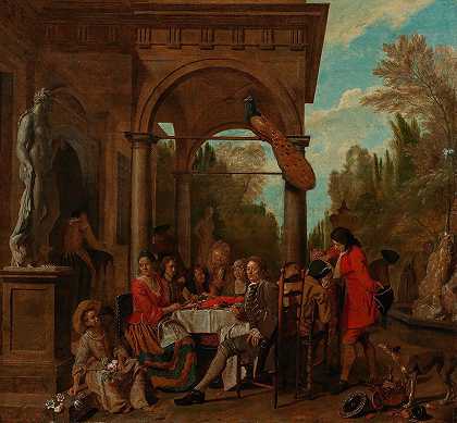 一家优雅的公司在露台上用餐`An Elegant Company Having Dinner On A Terrace (1718) by Jan Josef Horemans The Elder