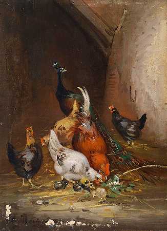 鸡和孔雀`Hühner und ein Pfau by Claude Guilleminet