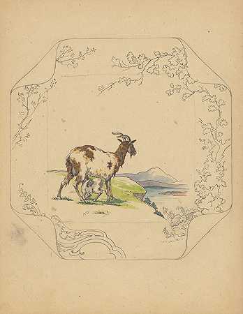 带吸奶山羊的“方形”模特板的设计`Ontwerp voor bord van het model ‘Square’ met een zogende geit (c. 1875 ~ c. 1880) by Albert Louis Dammouse