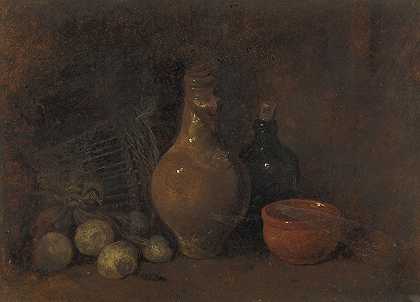 弗朗索瓦·邦文的《四种水果、玻璃和陶器的静物画》`Stilleven met vier vruchten, glas en aardewerk (1827 ~ 1887) by François Bonvin