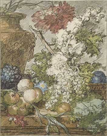 《水果和花朵的静物写生》简·范·惠瑟姆`Sketch for a Still Life of Fruit and Flowers (c. 1725 ~ c. 1735) by Jan van Huysum
