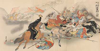 两位将领和他们的士兵在凤凰城展开激战`Two Generals and Their Men Engaging in Strenuous Battle at Fenghuangcheng (1894) by Ōgata Gekkō