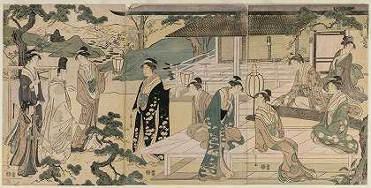 《源氏物语》的松泽篇章（摘自《穿着优雅现代服饰的源氏物语》系列）`The Matsukaze Chapter of the Tale of Genji (from the series The Tale of Genji in Elegant Modern Dress) (c. 1791) by Chōbunsai Eishi