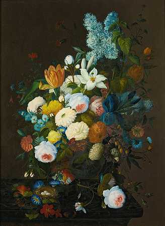 Severin Roesen的花卉静物画`Floral Still Life (1848) by Severin Roesen
