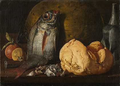 路易斯·梅伦德斯的《鱼、面包和水壶静物》`Still Life with Fish, Bread, and Kettle (c. 1772) by Luis Meléndez