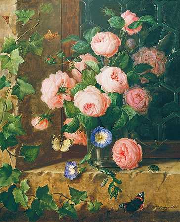 约瑟夫·劳尔的花卉静物画`Blumenstillleben (1839) by Josef Lauer