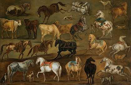 对马、牛和狗的研究`Studies of horses, cows and dogs by Adam Frans van der Meulen