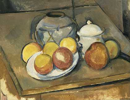 稻草装饰花瓶、糖碗和苹果，保罗·塞尚（Paul Cézanne）`Straw~Trimmed Vase, Sugar Bowl and Apples (1890 ~ 1893) by Paul Cézanne
