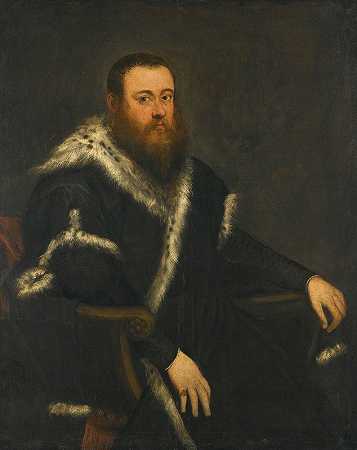 一个留着胡子的男人的肖像，穿着黑色的毛皮长袍`Portrait Of A Bearded Man In A Black Robe With Fur by Jacopo Tintoretto