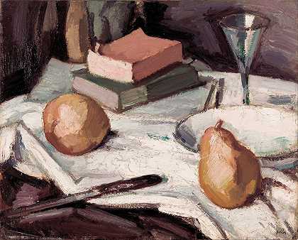 塞缪尔·约翰·佩普洛的《梨与酒杯静物》`Still life with pears and wineglass (ca 1915) by Samuel John Peploe