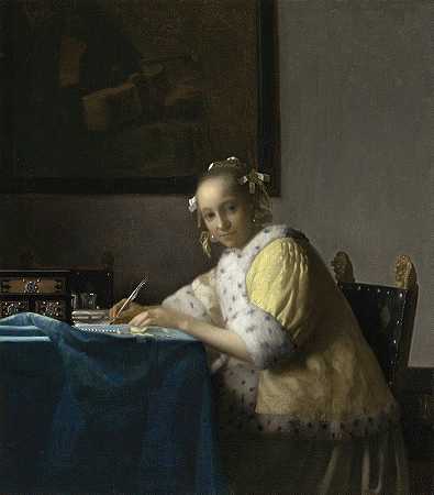 写作的女士`A Lady Writing (c. 1665) by 维米尔