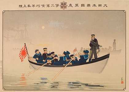 为伟大的日本帝国欢呼第二集团军登陆锦州半岛`Hurrah for the Great Empire of Japan; The Second Army Lands on the Jinzhou Peninsula (1894) by Kobayashi Kiyochika