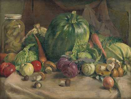 Ladislav Treskoň的《蔬菜静物》`Still Life With Vegetables (1922) by Ladislav Treskoň