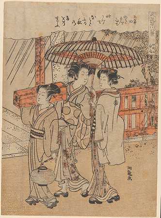 三个女人，两个提着箱子和灯笼`Three Females, Two Carrying Box and Lantern (ca. 1760–1780) by Koryûsai Isoda