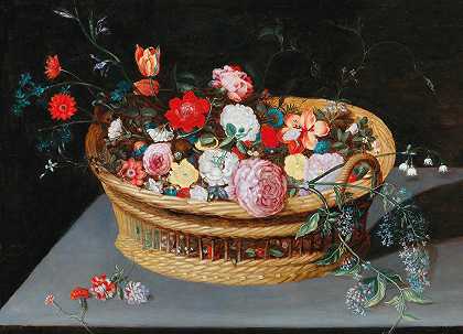 一个篮子，上面放着春天的花朵，放在一张石桌上`A basket with spring flowers on a stone table by Jan Brueghel the Younger