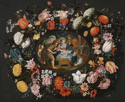 对被花环环绕的牧羊人的崇拜`Adoration Of The Shepherds Surrounded By A Garland Of Flowers by Andries Snellinck