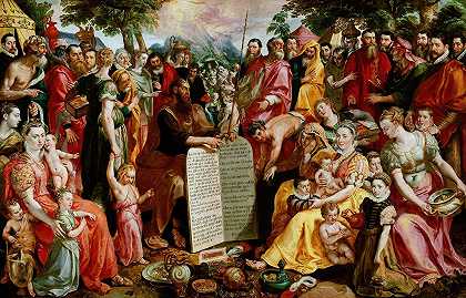 摩西向以色列人展示法版，以及潘胡家族成员及其亲友的肖像`Moses Showing the Tablets of the Law to the Israelites with Portraits of Members of the Panhuys Family, their Relatives and Friends (1574 ~ 1575) by Maerten De Vos