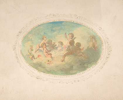 有翅膀的普蒂在宴会上`Winged putti at a banquet (19th Century) by Jules-Edmond-Charles Lachaise