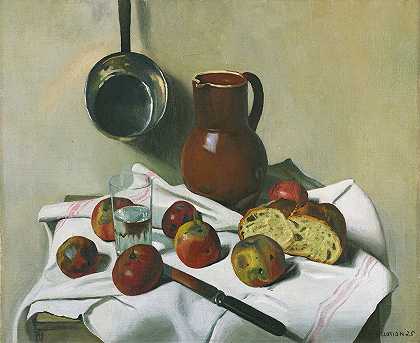 苹果、水壶、一杯水和铁皮锅`Apples, Jug, Glass Of Water And Tin Pan (1925) by Félix Vallotton