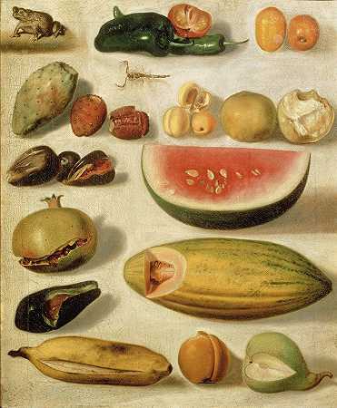 Hermenegildo Bustos的《水果静物》（带蝎子和青蛙）`Still Life With Fruit (With Scorpion And Frog) (1874) by Hermenegildo Bustos