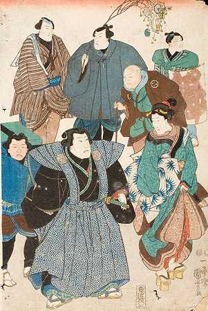 庆祝春天（歌舞伎演员伪装成街头人群）`Celebrating Spring (Kabuki Actors Disguised as a Street Crowd) (circa 1850~1851) by Utagawa Kuniyoshi