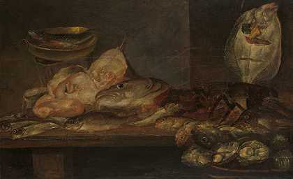 亚历山大·阿德里安森的《鱼与静物》`Still Life with Fish (1660) by Alexander Adriaenssen