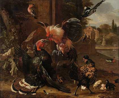 公鸡和火鸡打架`A Rooster and Turkey Fighting (c. 1680) by Melchior d&;Hondecoeter