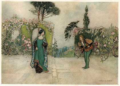 紫罗兰和花园里的王子`Violet and the Prince in the Garden (1911) by Warwick Goble