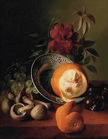 让·巴蒂斯特·罗比的玫瑰、葡萄、蘑菇、橘子和栗子`A rose, grapes, mushrooms, an orange and chestnuts by Jean-Baptiste Robie
