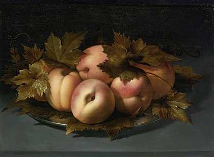 潘菲罗·努沃隆的《锡盘子上的桃子静物》`A Still Life Of Peaches On A Pewter Plate by Panfilo Nuvolone