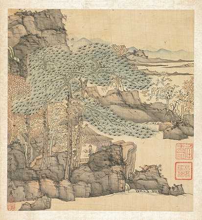 在茅草屋读书的学者`Scholar Reading in a Thatched Hut by a Waterfall (1598~1652) by a Waterfall by Chen Hongshou