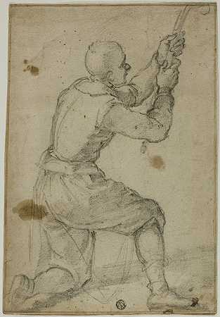 一个弯着膝盖拉着绳子的男人`Man on Bended Knee, Pulling on Rope (c. 1604) by Bernardino Poccetti