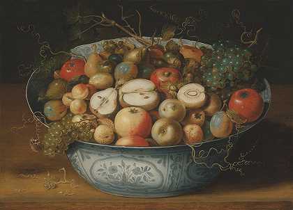 一个有苹果、铅垂、葡萄和坚果的中国碗，由老年人欧西亚斯·比尔特设计`A Chinese bowl with apples, plumbs, grapes and nuts by Osias Beert the Elder